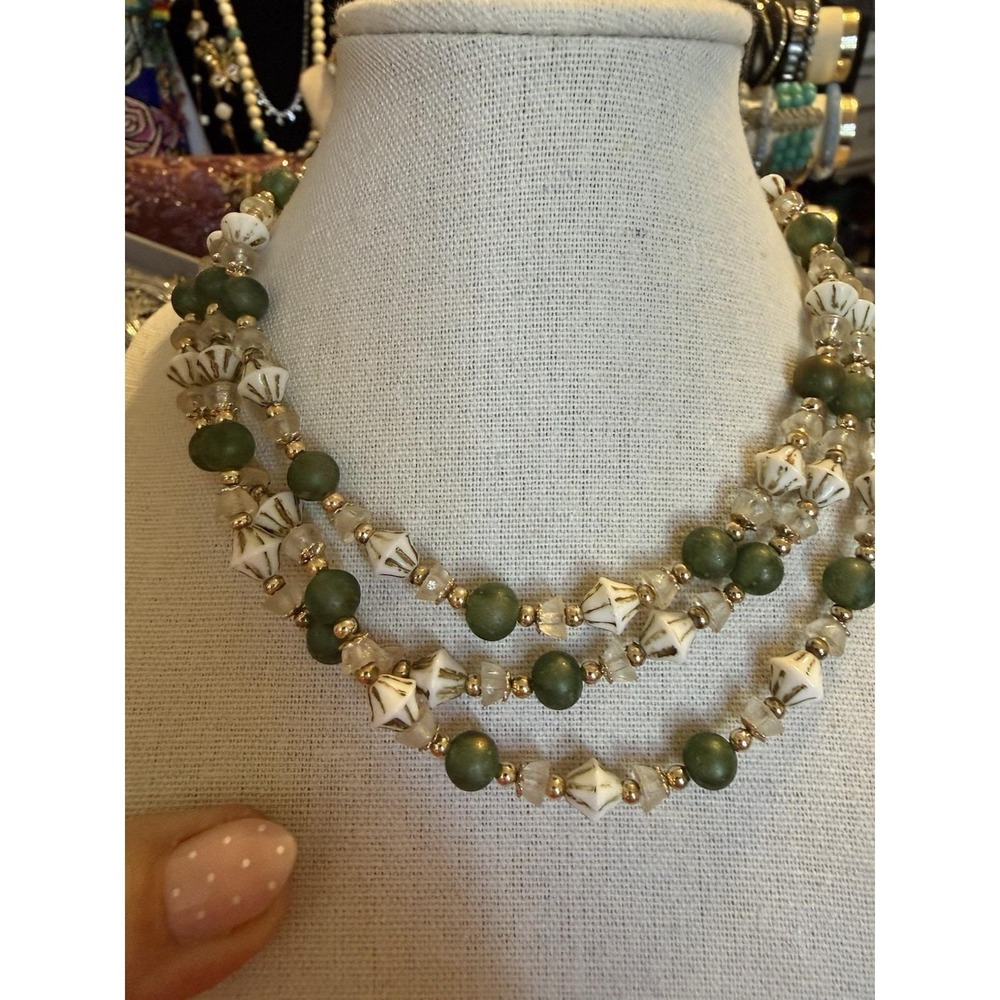 Vintage Japan Multi Strand Beaded Necklace Olive Green Cream Gold Tone 3 Tier
